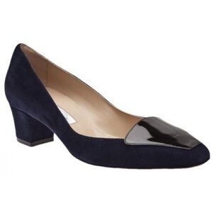 Oscar de la Renta Navy Runway Riley Square Toe Suede Patent Block Pumps